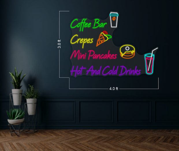 COFFE BAR  CREPES  MINI PANCAKES 🥞  HOT AND COLD DRINKS & TORTAS | LED Neon Sign