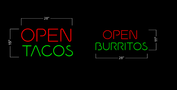 Open tacos & open burritos | LED Neon Sign