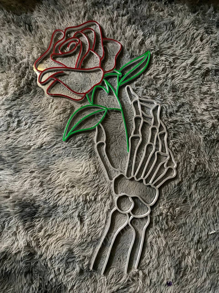 Skull Hand Holding Rose | LED Neon Sign